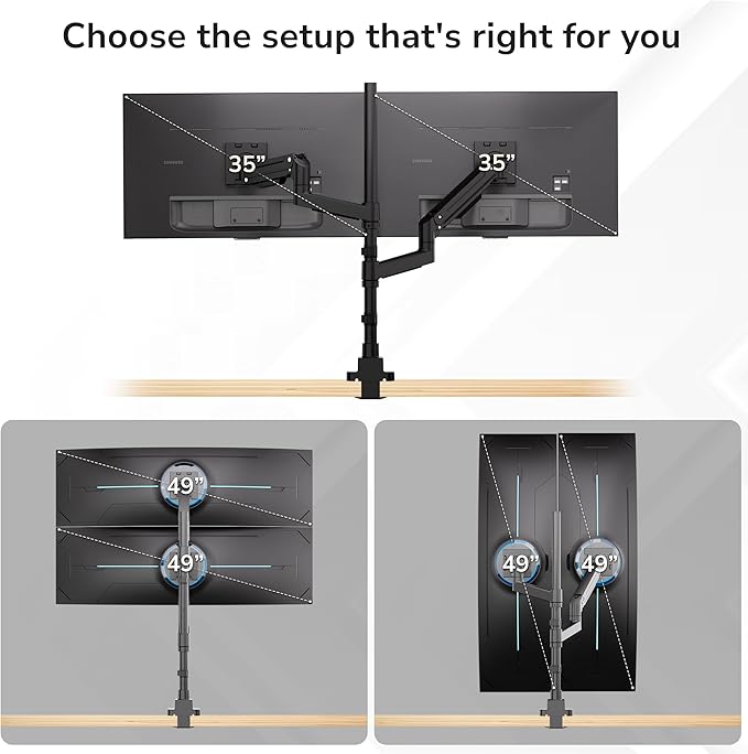 Mount-It! Dual Ultrawide Monitor Desk Mount for 17–49” Screens, Height-Adjustable Stacking Arms with Pole, Heavy Duty Gas Spring, Full Motion, VESA 75/100, Clamp or Grommet