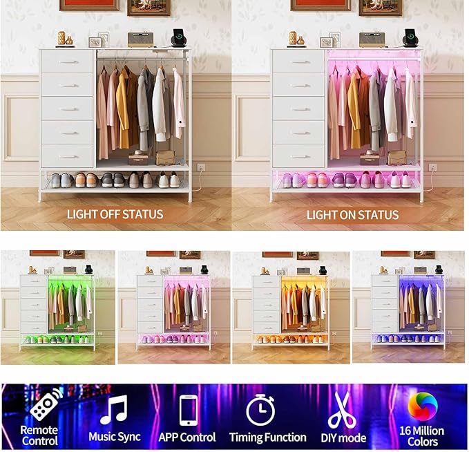 Dresser for Bedroom, Dresser with Hanging Rack Led Lights and Charging Station, White Bedroom Dresser with 5 Fabric Chest of Drawers with PU Finish Storage Organizer, for Living Room Hallway, White