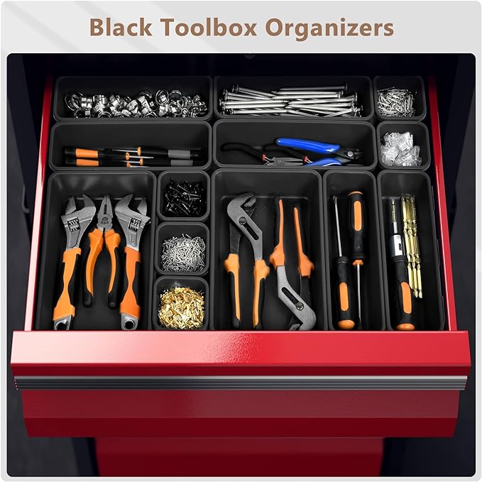 【More Larger Size】A-LUGEI【69 PCS-5 Size】 Tool Box Organizer Tray Divider Set【Black】 Desk Drawer Organizer Bin, Socket Organization and Storage Toolbox for Rolling Tool Chest Cart WorkBench Part Widget