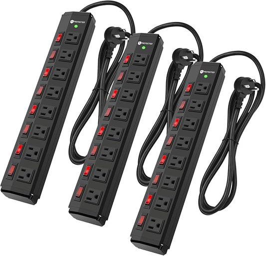 3PCS 8 Outlet Heavy Duty Power Strip with 8 Individual Switches,Moutable Metal Power Strip Surge Protector 1200 Joules,6FT 14AWG Extension Cord,15A 1800W 125V 60Hz