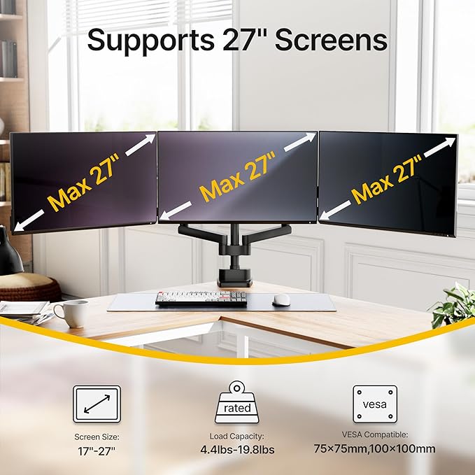 monTEK Triple Monitor Mount for Max 27 inch Computer Screens, Full Motion 3 Monitor Desk Mount Each Arms Holds up to 19.8lbs, Clamp & Grommet Mounting