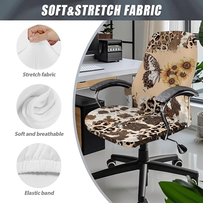 Talayituse Butterfly Sunflower Leopard Cow Print Office Chair Covers, Stretch Computer Chair Cover, Universal Boss Chair Covers Modern Simplism Style High Back Chair Slipcover, Large