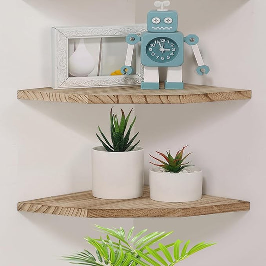 Joiishom Wood Corner Wall Shelves Set of 2, Solid Wood Corner Floating Shelves, Round End Wall Mounted Floating Corner Shelf for Bedroom, Living Room and Kitchen. (Carbonized-12 inch)