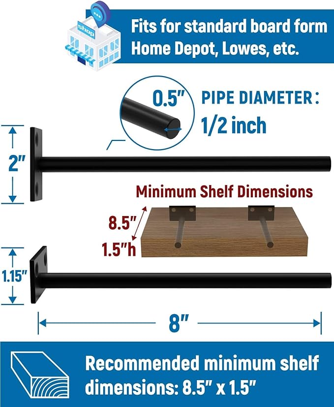 LEOPO Black 16-Pack 8 inch Floating Shelf Brackets, Hidden Shelf Bracket for Wood, Concealed Blind Shelving Support,Invisible Coated Brackets for DIY Decorative,Fit for Kitchen, Bathroom,Study Room