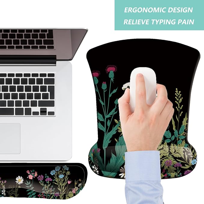 Keyboard Wrist Rest Pad Mouse Pad with Wrist Support Set of 3, Gaming Mousepad with Non-Slip Rubber Base, Ergonomic Memory Foam Mouse Cushion Support for Home Office Laptop Computer, Flowers Grass