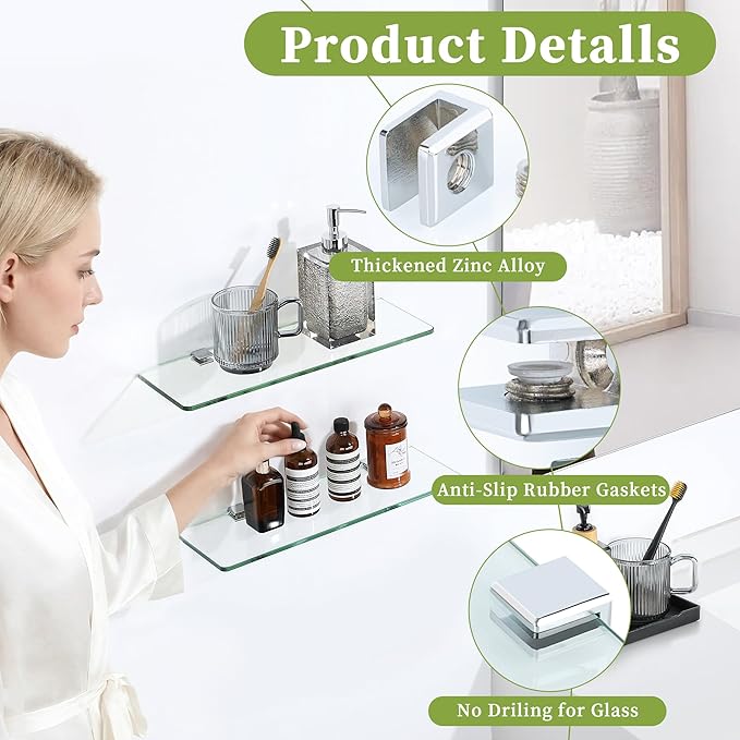 Mooche 4Pcs Glass Shelf Brackets Adjustable, Heavy Duty Wall Mount Clamp Holder for Wood Glass Shelves, Polished Chrome Zinc Alloy (for 3-6mm Shelves)