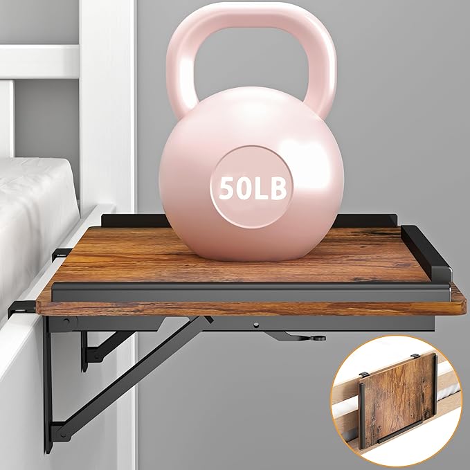 Foldable-Bedside-Shelf-for-Bunk-Bed - Extra Large Metal Clamp On Top Bunk Accessories Heavy Duty Floating Caddy Tray for Dorm Room Essential-Black