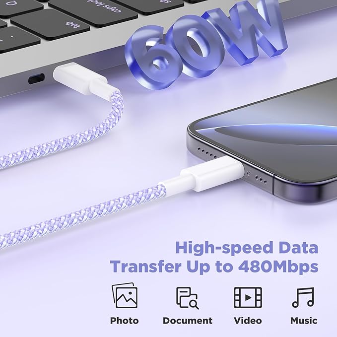 Fast Charging for iPhone 15 16 Pro Max Charger Colorful, 3Pack 20W USB C Fast Chargers Block with 6/6/10ft Long USB C to C Braided Cable Compatible with iPhone 16/15 Pro/15 Plus/Pad Pro 13/12.9,Purple