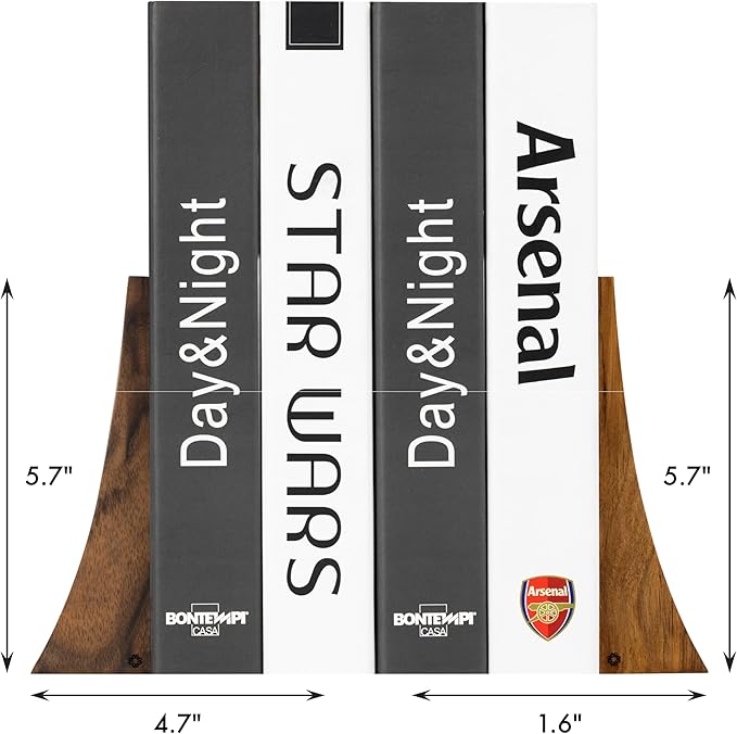 TILISMA Walnut Bookends for Shelves | Wooden Book Ends for Shelves | Sturdy Book Holders, Stoppers with Metal Base for Bookshelves | Slick Decorative Bookends Stands Firmly on Bookshelf (4 Pair)