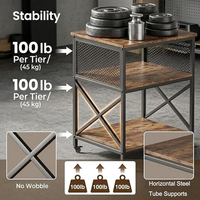 KaKaBB Large Printer Stand, Adjustable Height Printer Table with Storage Shelf, 23.6 x18.9 x 30 Inches 3 Tier Rolling Printer Cart for Home Office (Rustic Brown)