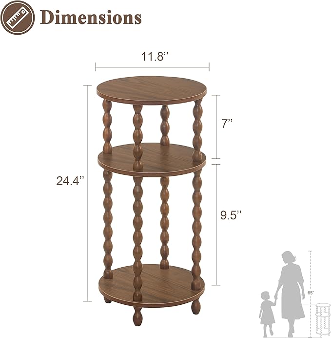 AWASEN Small Round End Table, Round Side Table with 3-Tier Open Shelf for Small Spaces, Wood Accent Table Nightstand for Bedroom, Living Room, Office, Walnut Brown