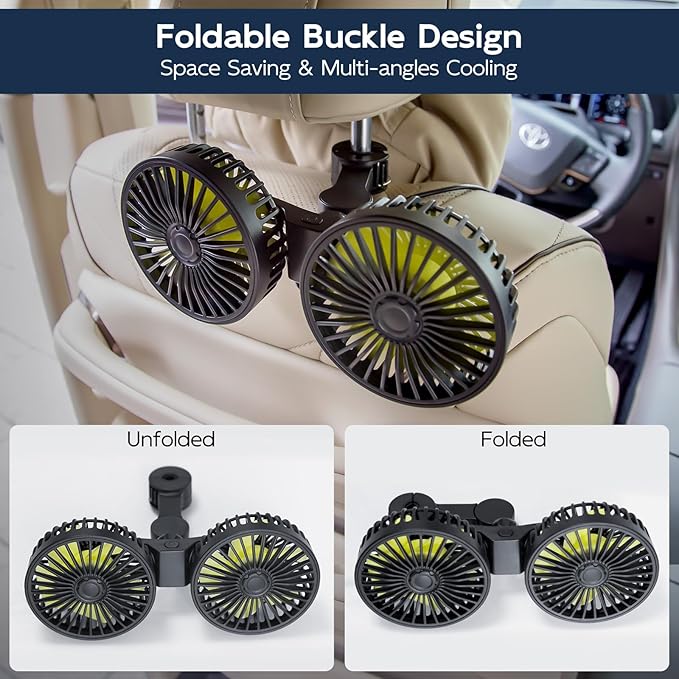 XOOL Car Fans for Backseat Kids- Dual Head USB Cooling Car Fan, 360° Rotatable Car Rear Headrest Fan, Car Seat Fan with Adjustable Clip for SUV RV Vehicles Truck