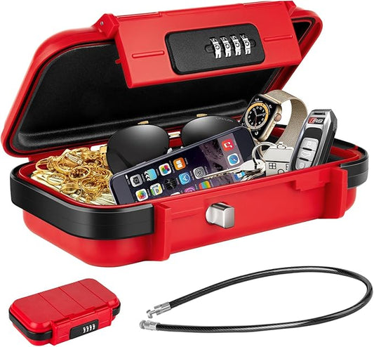 HUANLANG Portable Safe Lock Box with Combination Lock Mini Beach Travel Safe Waterproof Small Lockable Box with Removable Wire Rope Combination Safe Box for Dorm,Travel,Beach,Hotel,Car,Home,Office