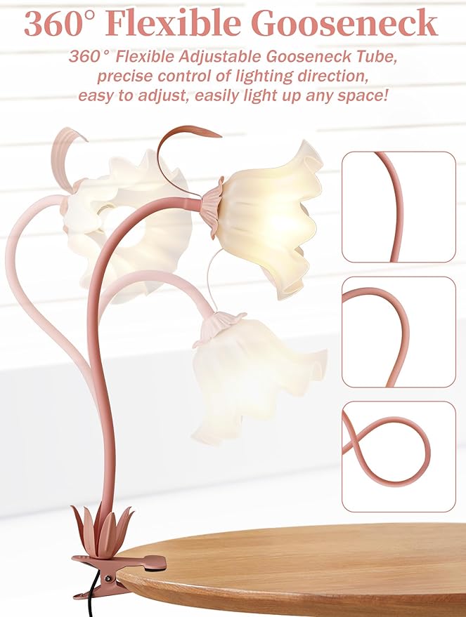Flower Desk Lamp,Reading Light for Books in Bed,3 Color Modes 360°Rotation Clip on Light,Vintage Flower Bedside Lamp for Bed Headboard Bedroom College Dorm Office Lighting Table Lamp Home Decoration