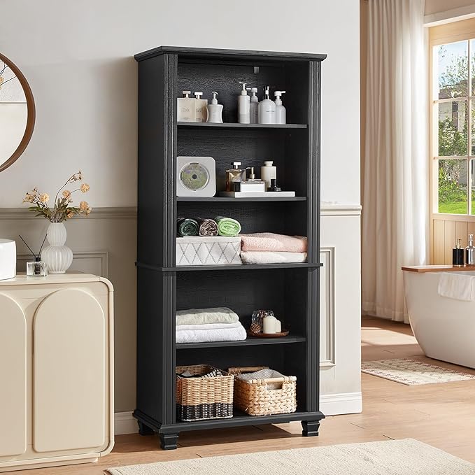 SAVOR LIFE 70" Tall Black Bookshelf,5 Tier Wooden Book Shelf with Adjustable Shelves & Wood Legs,Free Standing Farmhouse Bookcase with Open Display Storage,Vintage Bookshelves for Living Room, 3PCS