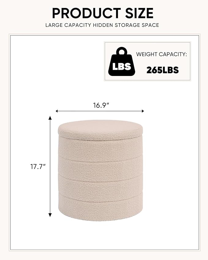 18" Tall Round Boucle Storage Ottoman, Sherpa Teddy Fabric Ottoman Footstool with Wooden Tray Reversible Lid, Folding Footrest with Storage for Living Room, Bedroom, Dorm, Beige