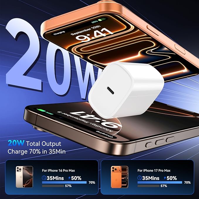 Phone 17 16 15 Pro Charger Fast Charging, 20W USB C Fast Charger Block with 6.6FT Long Type C Chargers Fast Charging Cable Cord for Phone 17/17 Pro/17 Pro Max/Air/16 Pro Max/16 Pro/15Pro Max/Pro, S24