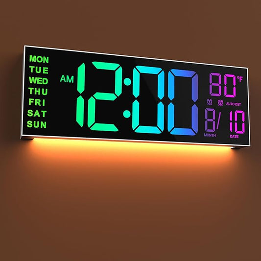 JALL 16" Large Digital Wall Mount Clock, Count Down Timer, Alarm, Big LED, 8 RGB Color, DST, Temperature for Living Room Classroom Desk, Xmas, Birthday Gift for Senior Mom Dad (White Shell, 16 inches)