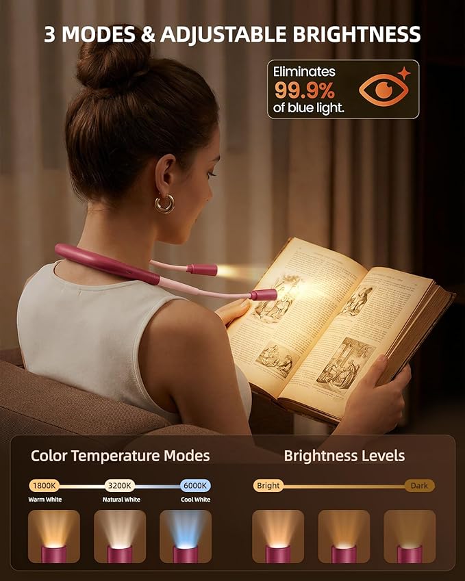 Rechargeable Book Light,3 Colors and Brightness Adjustable Reading Light,Bendable Neck Light,100hrs Long-Lasting,Perfect Reading Lamp Gift for Books in Bed, Knitting,Repairing,Working (Pink)