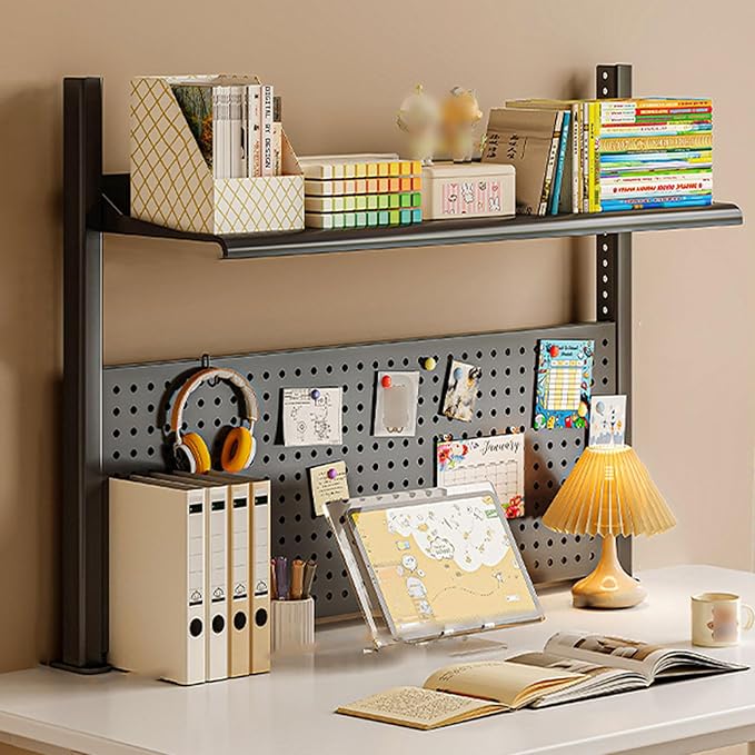 Clip-On Desktop Shelf for Home Office Storage, Clamp On Desk Organizer Shelf Clip On Shelving Unit with Perforated Board and Hooks, Storage Box,Blackclip Style1 Layer80X65Cm