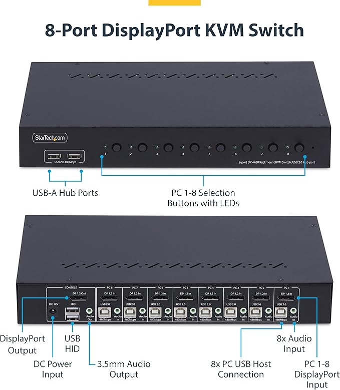 StarTech.com 8-Port DisplayPort KVM Switch w/1U Rack Mount Kit, 4K 60Hz DP 1.2, Push-Button/Hotkey Switching, TAA Compliant