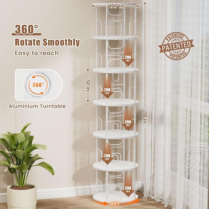 ALLSTAND 6 Tier Rotating Bookshelf, 360 ° Display Stackable Spinning Bookshelf Tower, Corner Bookshelf Tall Floor Standing Swivel Bookcase Narrow Storage Organizer for Bedroom, Living Room, White