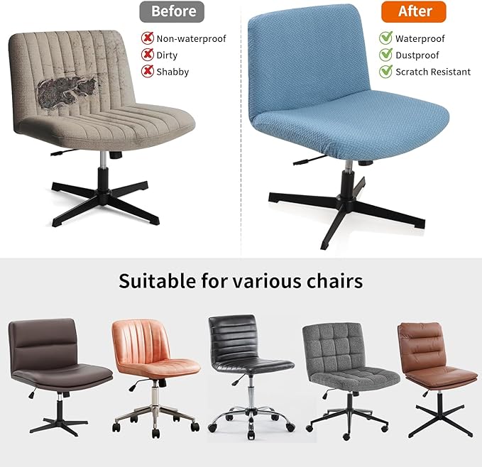 Fuloon Criss Cross Chair Cover, Waterproof, Stretchable, Solid Jacquard, Armless Chair Slipcovers for Office/Desk/Mid Back Wide Seat/Computer/Task/Vanity Chair (T -Shaped Jacquard, Blue)