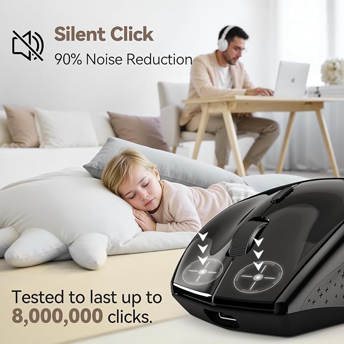 TECKNET Rechargeable Mouse with Jiggler, Plug & Play, 2.4G Connection with USB-C Adapter, Silent Mouse Quiet Click, 6400 DPI Ergonomic Mouse, Cordless Computer Mice for Laptop, Desktop, PC