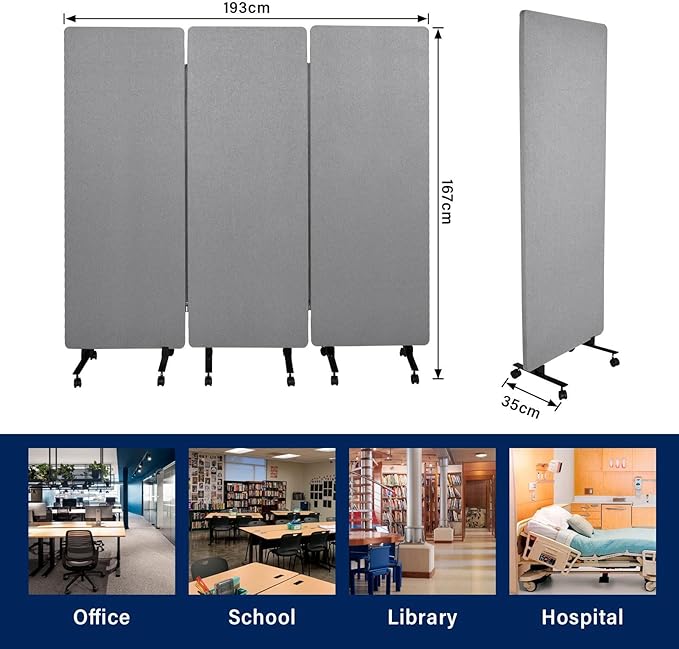 72" X 66" Acoustic Room Divider, 3 Panel Folding Privacy Partition with Wheels, FreestandingTackable Offices Screen, Portable Sound Proof Partition Wall for School, Clinic, Or Home Working Space