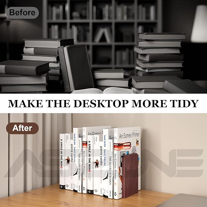 Book Ends 4Pairs Bulk Square Wooden Heavy Duty Bookends Sturdy Book Stoppers Book Holder Office Desk Decor Large Office Book Stand for Books, Decorative Book Shelf