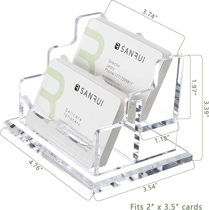 SANRUI Business Card Holder for Desk, Clear Acrylic Business Card Holders Horizontal Business Card Display Stand 2 Slots（Patent No.:US D1,001,889 S）