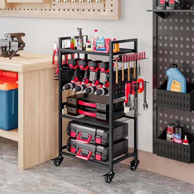 INGIORDAR Large Power Tool Organizer Cart, Garage Floor Standing Rolling Drill and Tools Battery Storage Cart on Wheels, Heavy Duty Utility Rack Shelf,Utility Rack Gift for Men, Husband, Father.