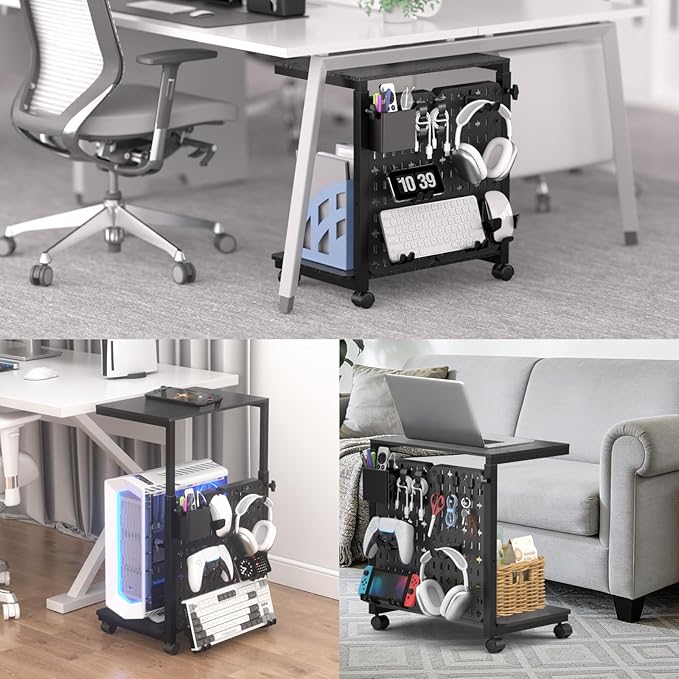 Computer Tower Stand with Pegboard Organizer, Height Adjustable 2-Tier PC Tower Shelf for Floor with Accessories, CPU Holder Cart with Locking Wheels for Most PC Gaming Home Office, 24.2-29.5"