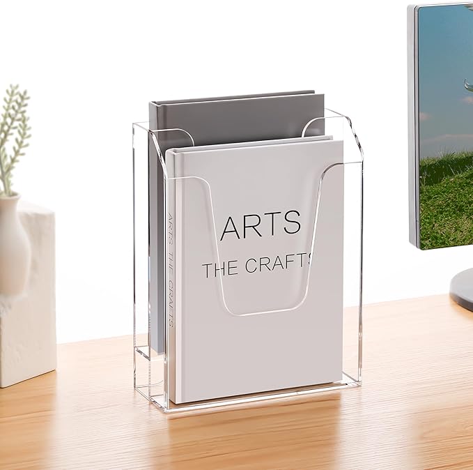 YUXUN Acrylic File Folder Holder, Vertical File Storage, Clear Desktop Organizer, 2 Pockets