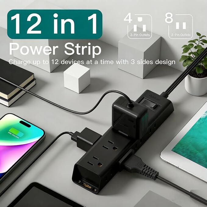 Addtam Power Strip Surge Protector with 12 Outlets, Flat Plug Extension Cord 6FT, Ultra Thin Wall Plug, 3-Side Wide Spaced Outlet Extender, Wall Mount Desk Charging Station for Home Office Garage