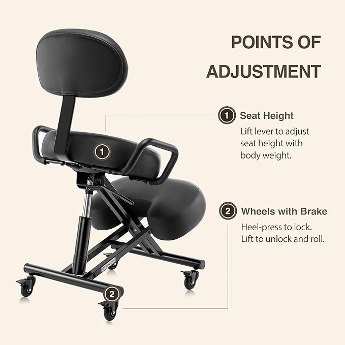 Ergonomic Kneeling Chair with Backrest, Improve Posture, Thick Cushions, Locking Wheels for Home & Office, AKONI 512B (Black)