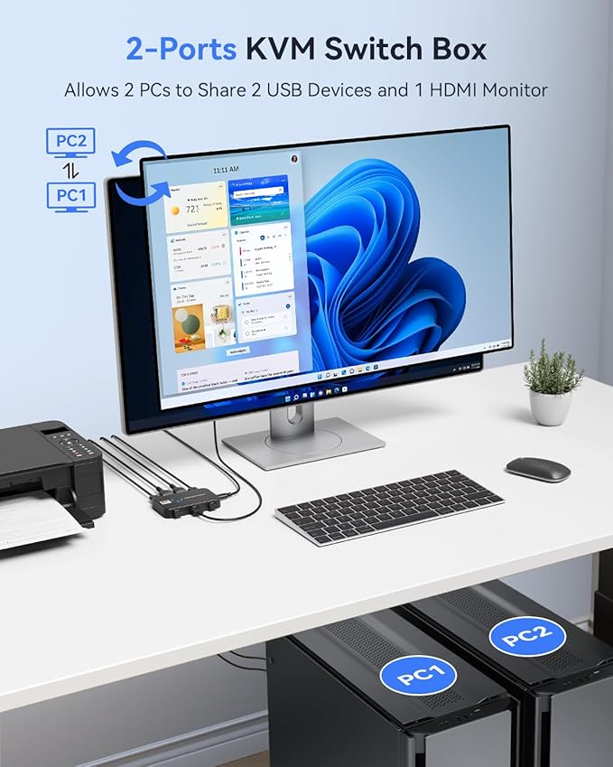 KVM Switch 1 Monitors 2 Computers Viagkiki USB Switch for 2 Computers Share Keyboard Mouse Printer and one HD Monitor Support UHD 8K@60Hz with 2 USB Cable and 2 HDMI Cable (Black)