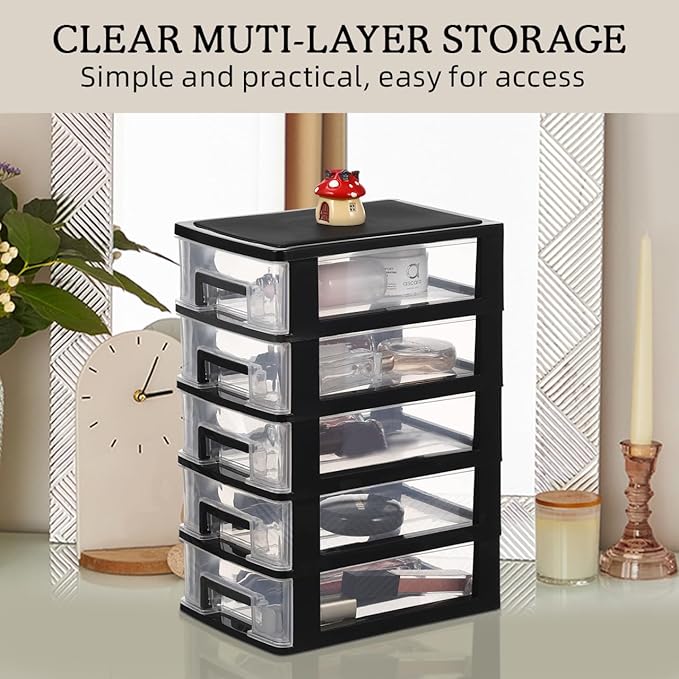 Cabilock 5 Tier Plastic Storage Drawers Multifunctional Drawer Type Storage Cabinet Portable Organizer for Office Home Desktop Sundries Holder Clear Design