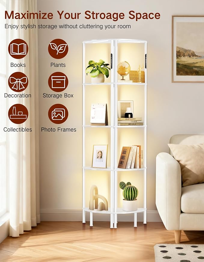 5-Tier Corner Bookshelf with LED Lights, Touch & Remote Control, 3 Color Temperatures, Dimmable Narrow Display Shelf with 1-Hour Timer for Living Room, Bedroom, Office(White)