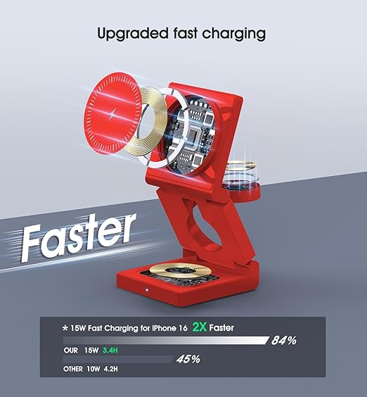 3 in 1 Wireless Charging Station for Apple Multple Devices - Foldable Magnetic Wireless Charger Dock -Travel 18W Charging Pad for iPhone 16 15 14 13 12 Pro/Pro Max/Plus/Watch & Airpods All Series Red