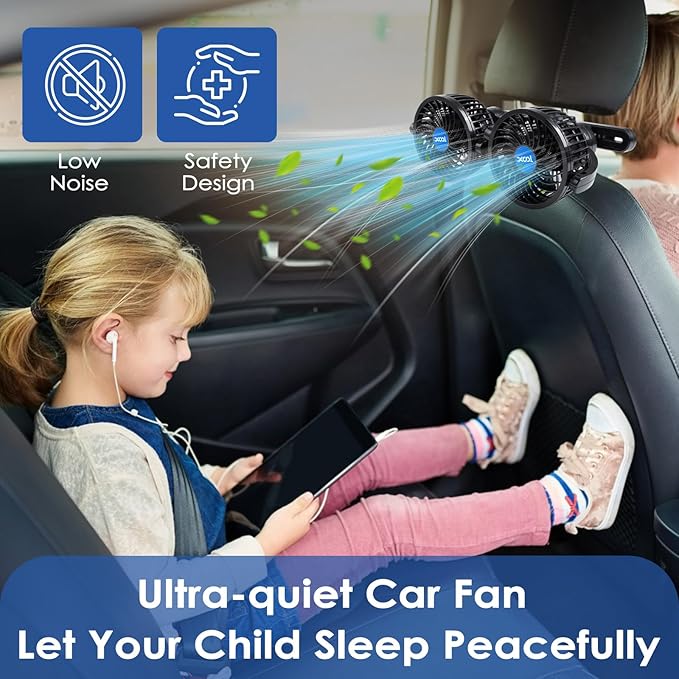 XOOL USB Dual Head Backseat Car Fan – 360° Rotatable Rear Seat Air Circulator with Stepless Speed & Adjustable Clip for Kids in SUV, Truck, RV