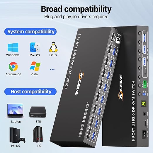 8 Port KVM Switch Displayport 4K@60Hz EDID Simulation, USB 3.0 DP KVM Switch for 8 Computers Share 1 Monitor and 4 USB Devices, KVM Switches with Audio RS232 Wired Remote 12V Power and 8 USB Cable