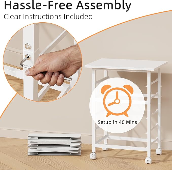 HIGDBFE 5 Fabric Drawers File Cabinet with Side Pocket, Rolling Printer Stand with Storage for Home Office, Wood Top Storage Cabinet for Documents and Crafts, White, 15" D