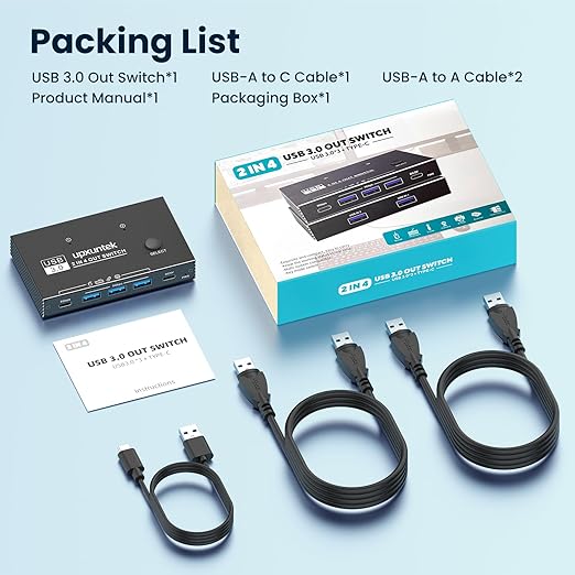USB 3.0 Switch Selector, 2 Computers Sharing 4 USB Devices, 5Gbps High-Speed Switch for Keyboard, Mouse, Printer, Scanner, Includes USB-A & USB-C Cables