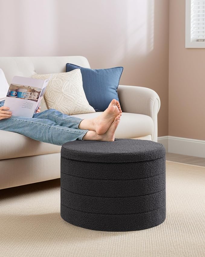 22 Inch Round Boucle Ottoman with Storage, Sherpa Teddy Fabric Ottoman Footstool, Folding Storage Foot Rest for Bedroom, Living Room Dorm, Darkgrey