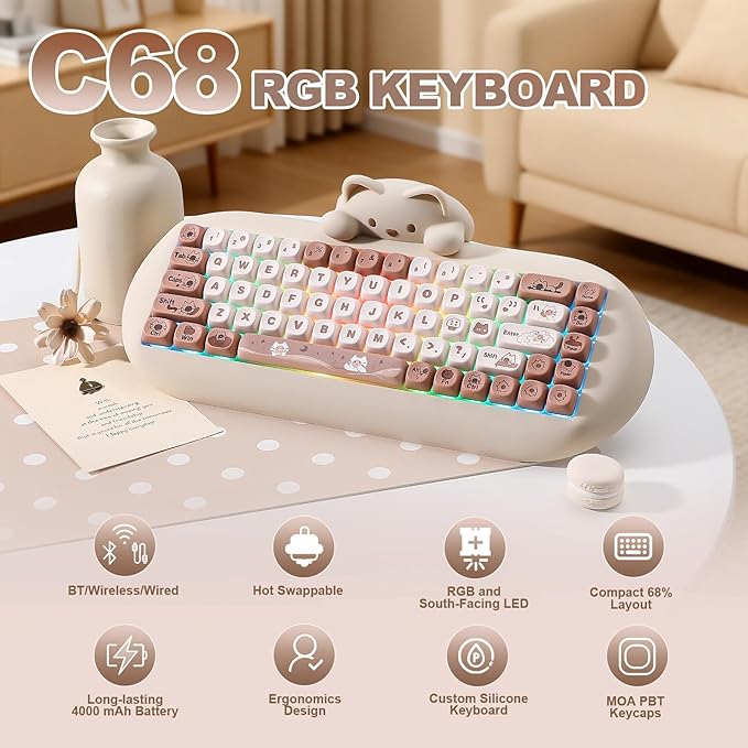 YUNZII C68 Wireless Mechanical Keyboard,65% Layout,Hot Swap,Triple Mode BT5.0/2.4G/Wired, RGB Backlit NKRO,Cute Cat Silicone Ergonomic Design for Win/Mac (Brown, Milk Switch)