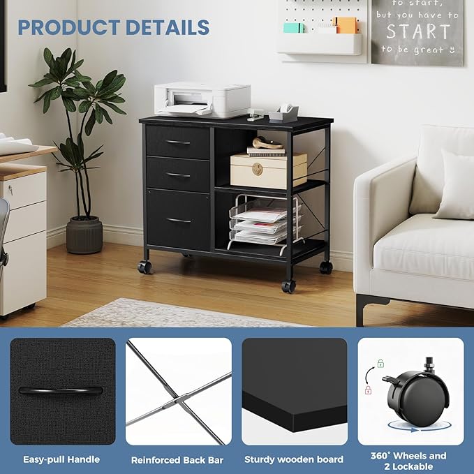 DUMOS File Cabinet, Mobile Storage Cabinet with 3 Drawers and Back Support Bar, Spacious Printer Stand with Storage Supporting 198 lbs for Home Office, Black