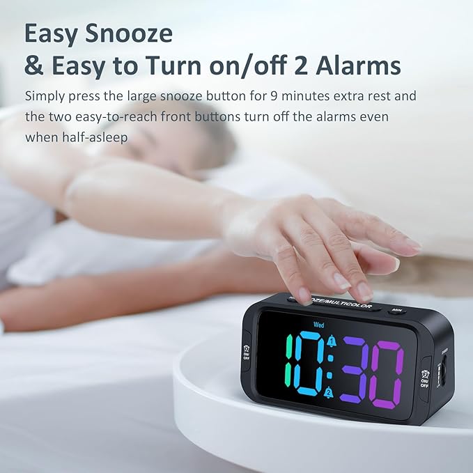 Odokee Digital Dual Alarm Clock for Bedroom: RGB Electric Clock with USB Charger for Kids Teens - Dimmable Clock with Weekday Weekend Mode for Bedside Desk