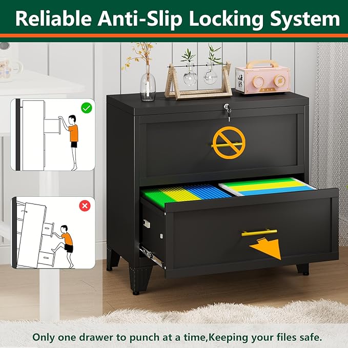 winiowa 2 Drawer File Cabinet, Metal Lateral File Cabinet with Lock, Locking Filing Cabinets for Home Office,Wide Office Storage Cabinet for Hanging Files Letter/Legal/F4/A4 Size (Black, 2-Drawer)
