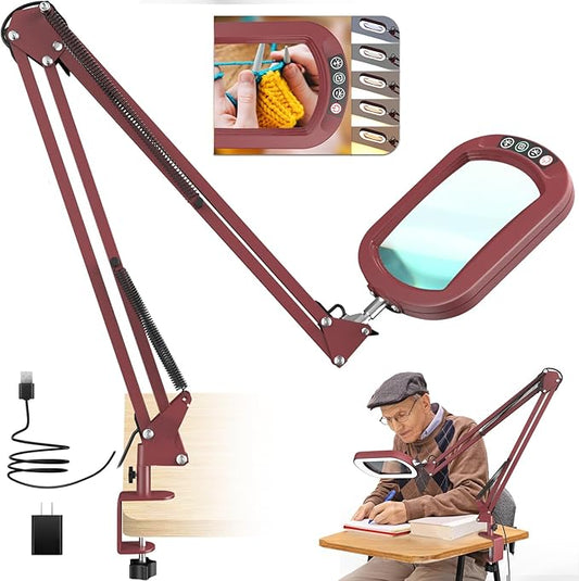 16" Extra Long Magnifying Glass with Light and Clamp, Real Glass, 5 Color Modes, Stepless Dimmable, Lighted Magnifier with Stand Hands Free, LED Swing Arm Desk Lamp for Close Work, Craft, Red